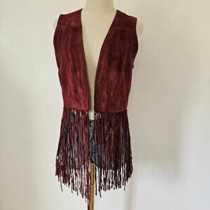 Suede Leather Fringe Vest‎ S M Maroon Red Boho Festival Hippie